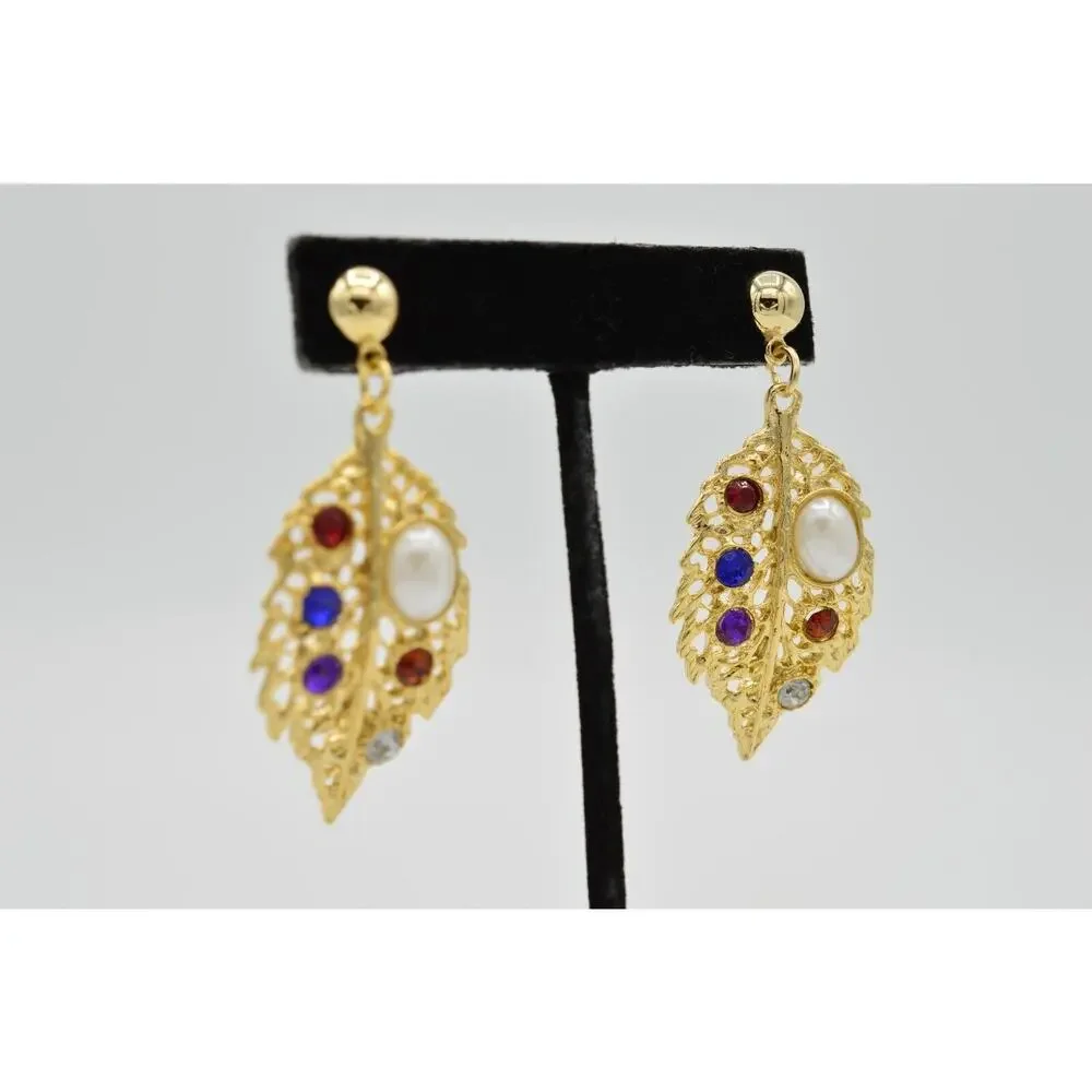 Vintage Crystal Leaf Earrings Dangle Gold Faux Pearl Multi-Color NOS 1980s W6